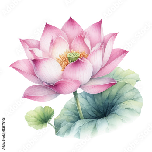 A vibrant pink lotus flower with green leaves is depicted in a watercolor style, isolated on a white background, suitable for themes like nature, tranquility, and spirituality.