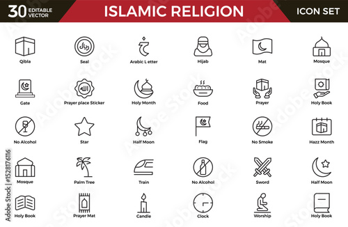 Islamic Icon Set. A beautifully crafted collection of icons reflecting Islamic culture and traditions, educational materials, apps, and websites, and Islamic community.