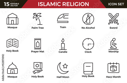 Islamic Icon Set. A beautifully crafted collection of icons reflecting Islamic culture and traditions, educational materials, apps, and websites, and Islamic community.