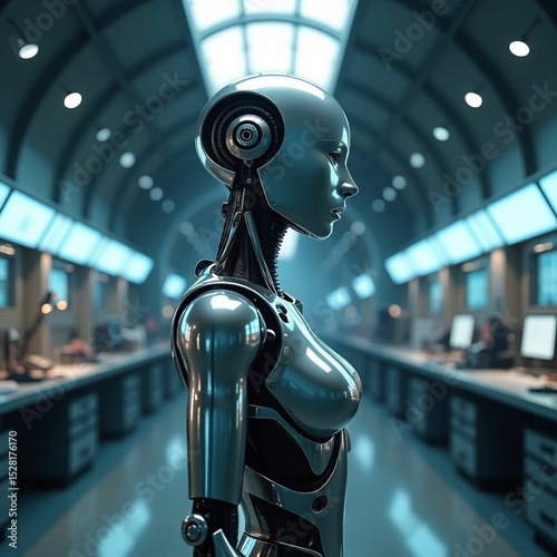 A sleek, silver humanoid robot with a blank, expressionless face devoid of eyebrows, nose, or mouth, standing upright in a futuristic laboratory filled with holographic screens, neon-lit workstations,