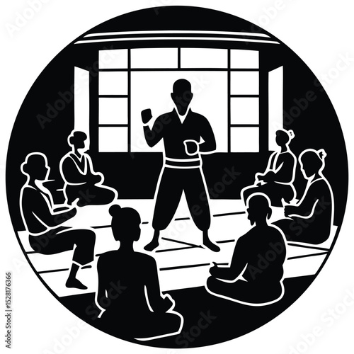 A martial arts instructor leads a class of students in a seated meditation or training session.