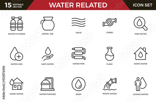 Water Related Icon Set. A refreshing collection of icons showcasing water conservation, aquatic life, and hydration, perfect for water awareness and sustainability.