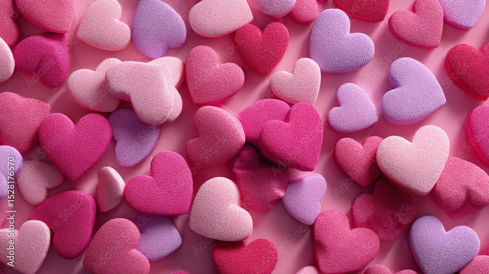 An overhead shot of many small pink purple and red textured hearts scattered on a pink background. An overhead shot of many small pink purple and red textured hearts scattered on a pink background.