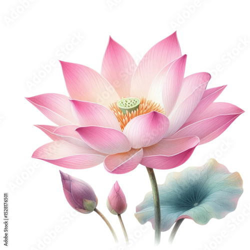 An elegant depiction of a lotus in a soft watercolor style shows the vibrant pink bloom with green leaves, standing out isolated against white.