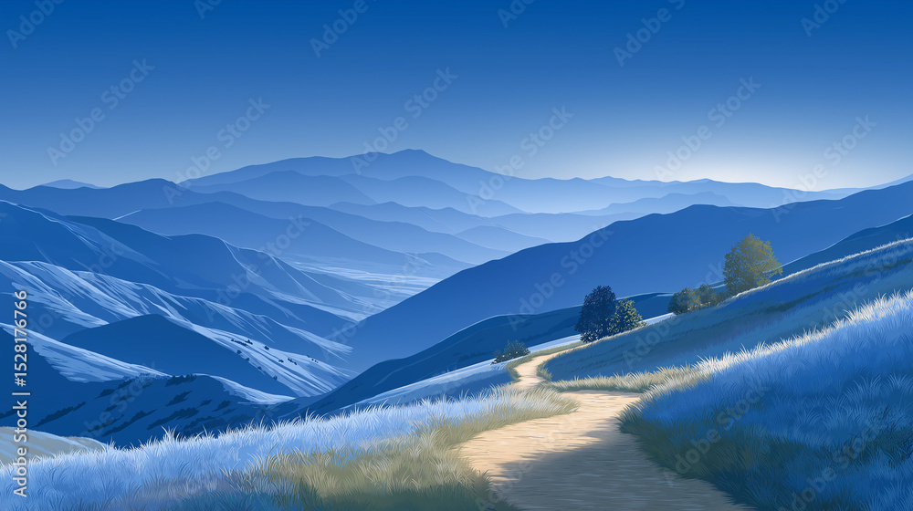 Obraz premium Rolling Mountain Landscape: Serene mountain landscape painted in hues of blue, with a winding pathway leading the eye through a sequence of rolling hills and peaks.