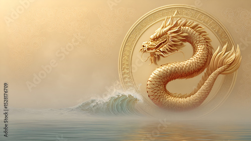 Majestic Golden Dragon Rising from Ocean Waves Mythical Creature Chinese Art Asian Culture Symbolism
