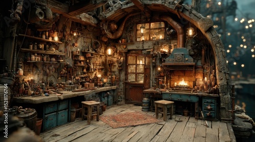 A steampunk workshop shows the inventor's workplace with tools and a fireplace