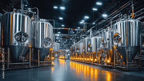 Large metal brewing tanks are seen in modern beer factory at night time.