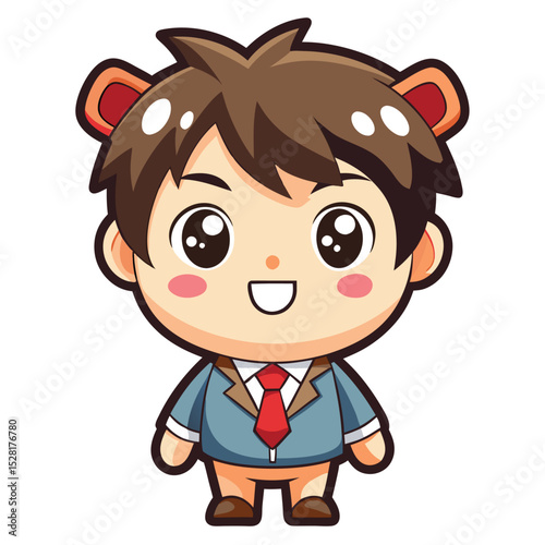 Cute anime boy in a suit with big eyes and a happy expression