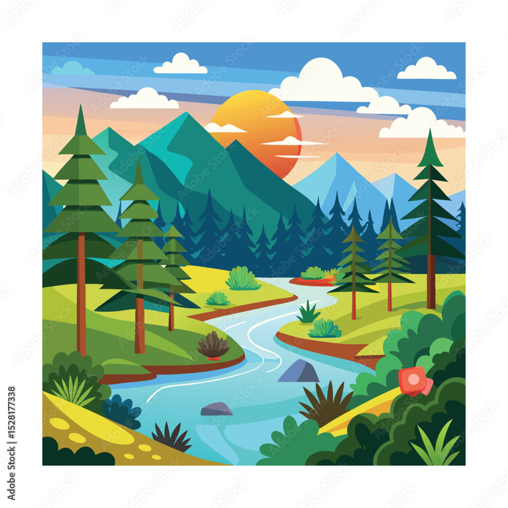 Fototapeta premium Beautiful River Landscape with Sunset, Mountains, and Forest Trees