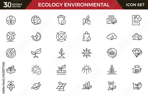 Ecology Environmental line icon set. Sustainable development, net zero, climate crisis, recycle, electric, global, warming, tsunami, acidification, melting line icon set. UI thin line icon pack.