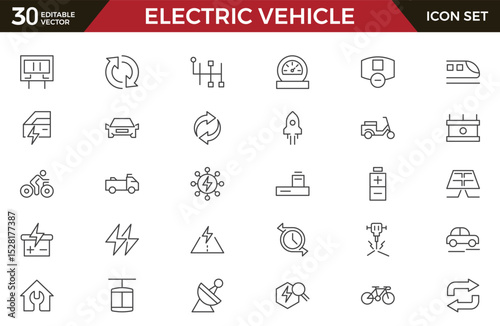 Electric Vehicle line icon set. EV, electric socket station, car plugged, battery, technology, home car charging, power station, taxi, road, race, automobile line icon set. Ui thin line icon pack.
