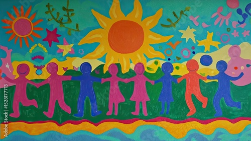 Colorful children's mural depicting a joyful scene.