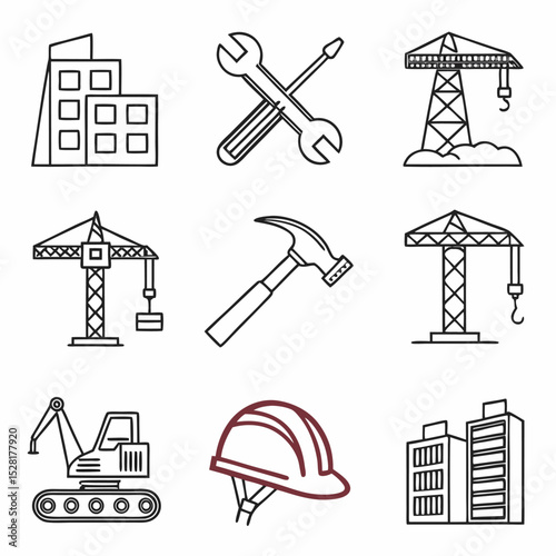 Line icon about construction. Contains icons such as architecture, workers, materials, equipment, and construction vehicles