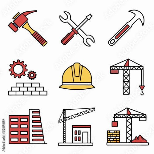 Line icon about construction. Contains icons such as architecture, workers, materials, equipment, and construction vehicles