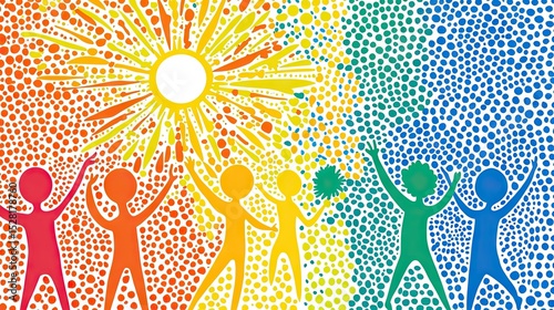 People celebrating with uplifted arms, set against a colorful dotted background.