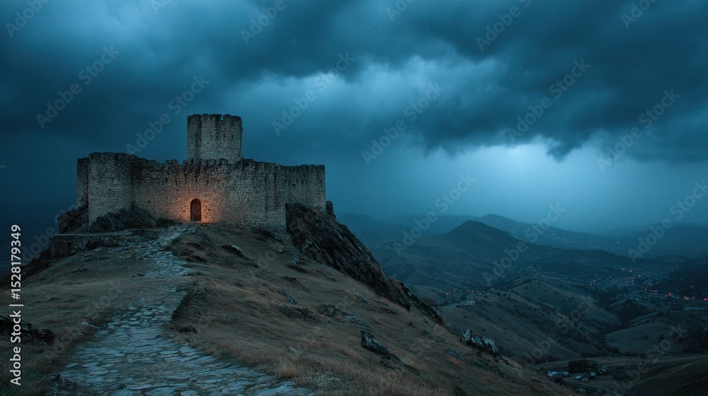 Obraz premium An ancient castle stands guard on a hilltop beneath a stormy dark blue sky