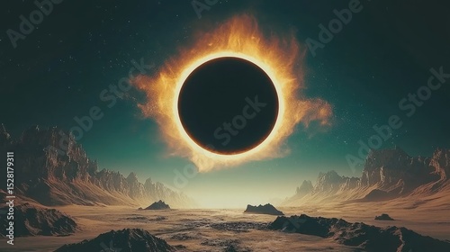 A solar eclipse over a desolate alien landscape.