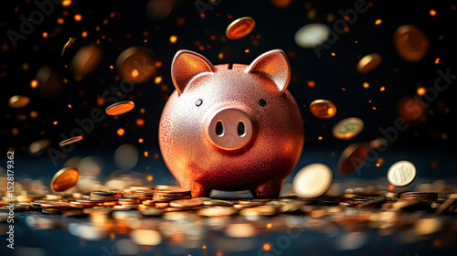 Piggy bank is filled with coins and the coins are falling out of it. The piggy bank is pink and has a cute design. Concept of saving money and the importance of being frugal