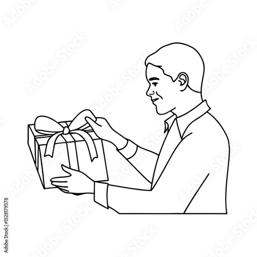 A smiling man holds a gift box with a bow outline illustration in black and white