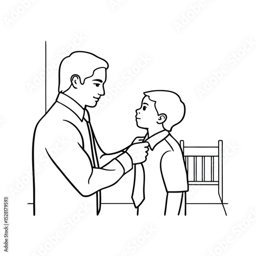 Father helping his son tie a necktie preparing for school in a line drawing