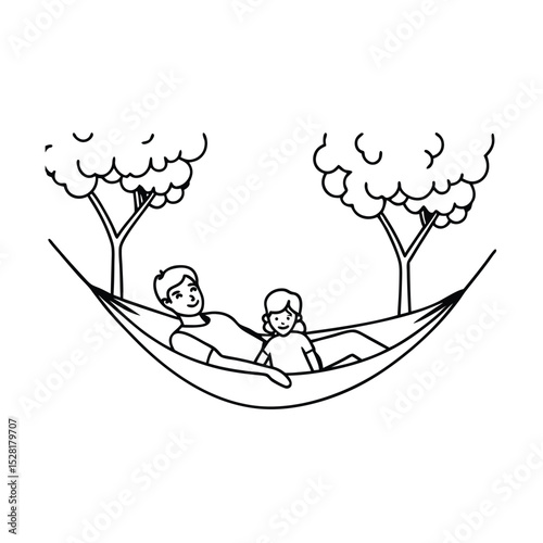 Father and daughter relaxing together in a hammock under trees enjoying leisure time