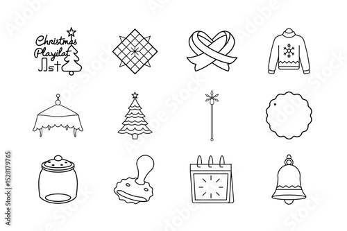 set of Christmas elements such as christmas-playlist, ribbon, sweater, tablecloth, tree-yard, stake-cutter, cookie-jar, cookie-stamp, countdown-calendar and decorative-bell vector line art