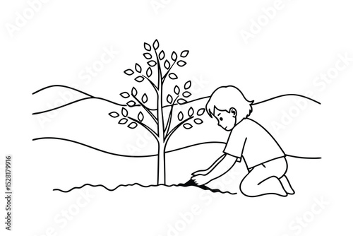 Illustration of a child planting a tree promoting environmental conservation and growth