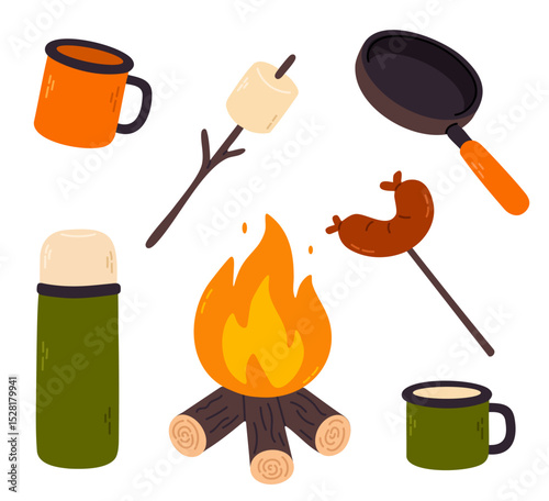 Essential camping elements including fire, thermos, mugs, frying pan, sausage and marshmallow on sticks. Perfect for outdoor designs, travel graphics and adventure themes