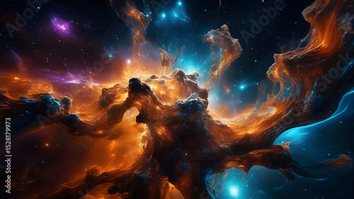 A striking contrast of fiery oranges and icy blues in an abstract cosmic backdrop