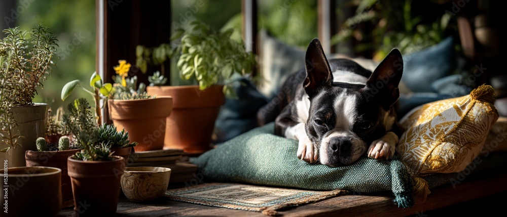 Obraz premium Boston Terrier basks in sunlight among potted plants