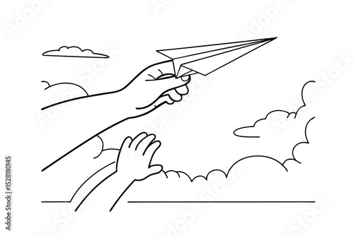 Hand launching paper airplane with child reaching upwards towards cloud backgrounds