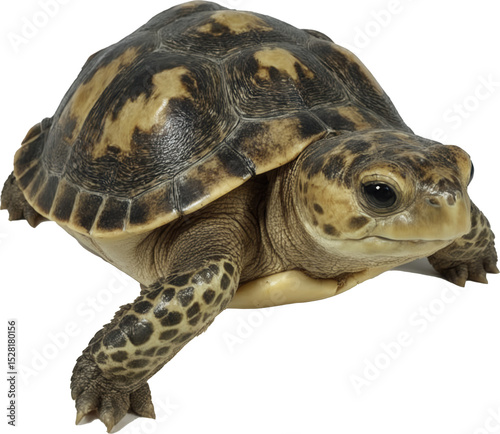 A charming turtle with a striking brown and yellow patterned shell, attentive eyes, and extended front legs, perfectly captured on a transparent background.