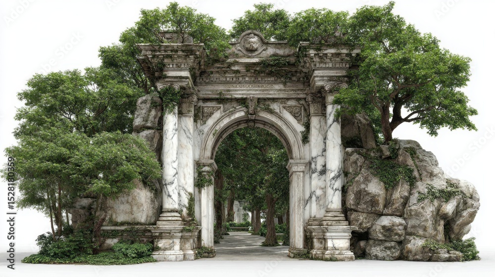 An old marble archway covered in foliage creates an inviting entrance. An old marble archway covered in foliage creates an inviting entrance.