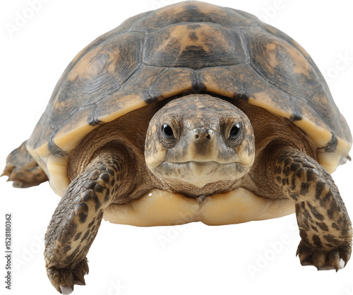 A charming turtle with a striking brown and yellow patterned shell, attentive eyes, and extended front legs, perfectly captured on a transparent background.