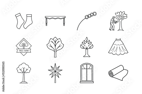 set of Christmas elements such as stocking, table, runner, tinsel, tree-cutter, tree-farm,, tree-pick, tree-shaped-candle, tree-skirt, tree-stand, tree-topper, star-window and cling-wrapping line art