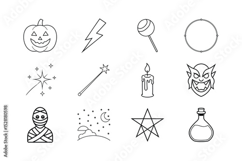 set of Halloween elements such as  jack-o-lantern, lightning, bolt, magic sparkles, wand and potion bottle Line Art Vector illustration