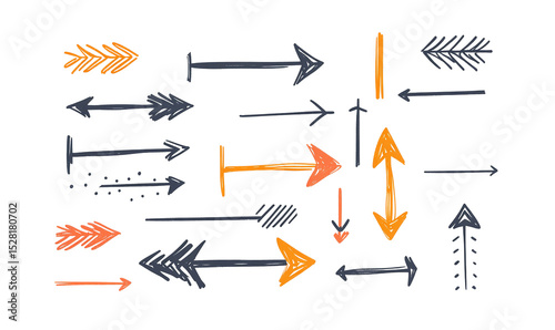 A chaotic yet artistic direction shown with hand drawn arrows pointing various ways navigation on transparent background photo