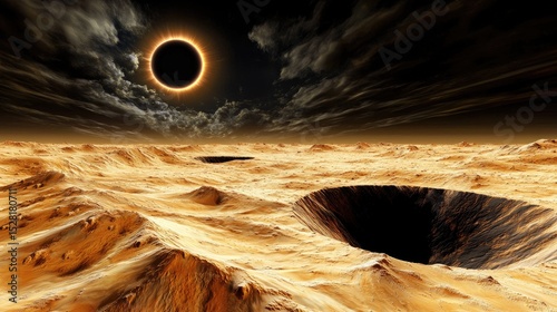 A dramatic solar eclipse over a desolate, cratered landscape.