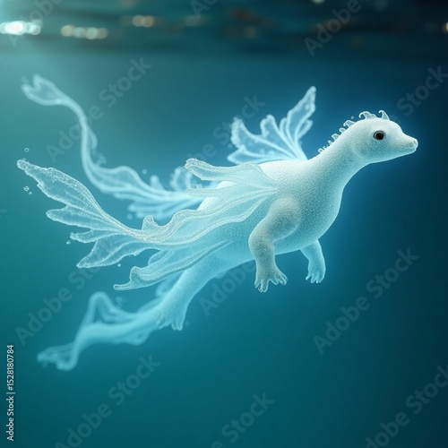 A luminous, ethereal elemental spirit with a translucent, crystalline body composed of shimmering droplets of pure water, its form undulating softly as it floats serenely above the glassy surface of a