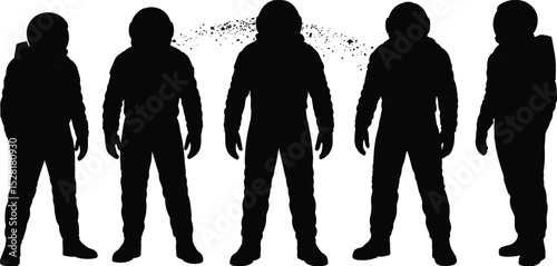 Silhouettes of Astronauts in Space Suits, Cosmic Team Standing, Stars Around, Vector Illustration for Science Fiction, Space Exploration Concept