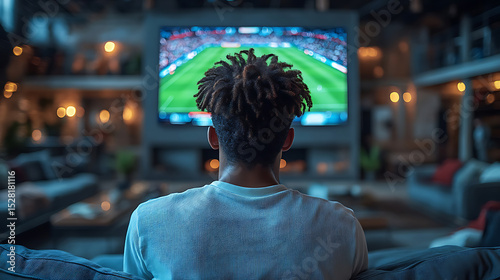 Man Watching Soccer Game on Large Screen TV in Modern Living Room