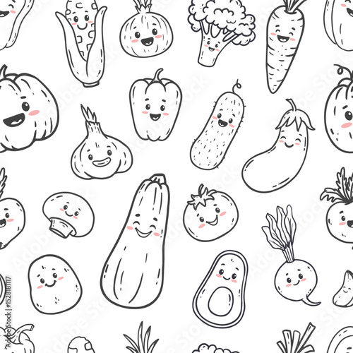 seamless pattern with cartoon vegetables. Hand drawn food illustration. Simple outline background for web design, product packaging, napkins, backdrops, kids. Vector