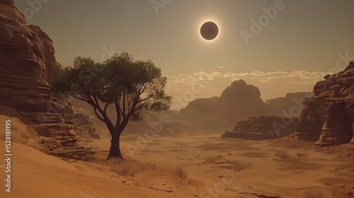 A lone tree stands amidst a desolate landscape during a solar eclipse.