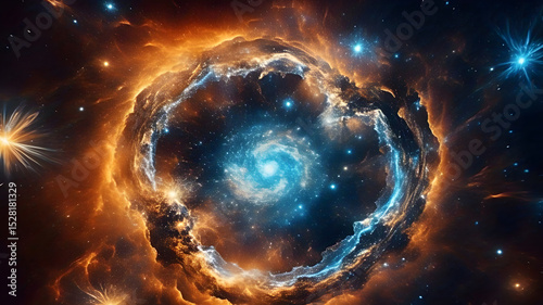 A striking contrast of fiery oranges and icy blues in an abstract cosmic backdrop
