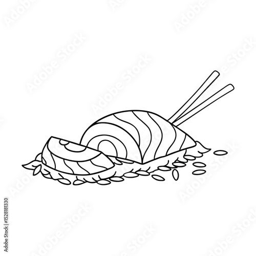 Simple black and white illustration of fresh salmon sushi with chopsticks on white background