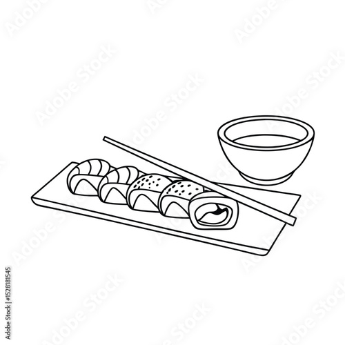 Delicious japanese sushi rolls with soy sauce and chopsticks on a wooden platter