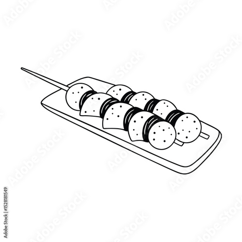 Simple black and white illustration of japanese skewers with food on a wooden plate