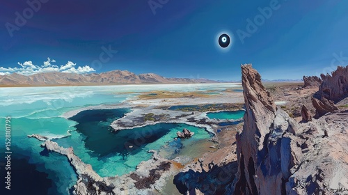 Stunning vista of a colorful, saline lake surrounded by dramatic rock formations.