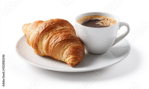A croissant and cup of coffe on a white background